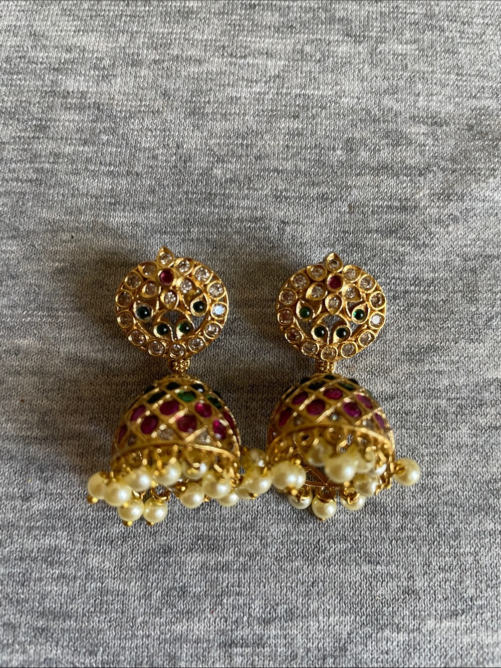 Gold-Tone Pink and Green Jhumka Earrings with Pearl Fringe - Picture 2 of 5